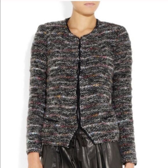 Isabel Marant Monty Wool Alpaca Black Varsity Jacket  Striped Tweed Size M - Picture 3 of 17